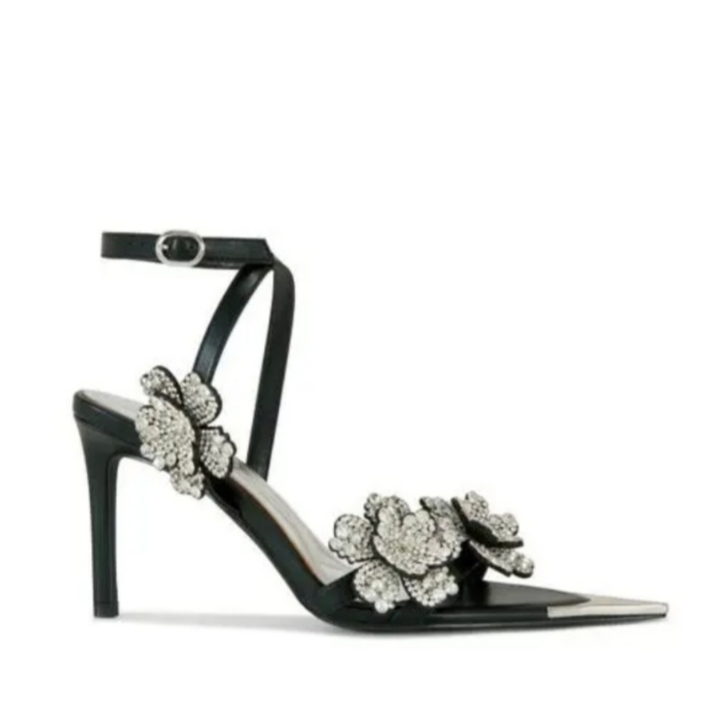 Azalea Wang Dress Sandals 9 Black Leather Njema Beaded Flowers Pointy New $100 - Picture 12 of 16